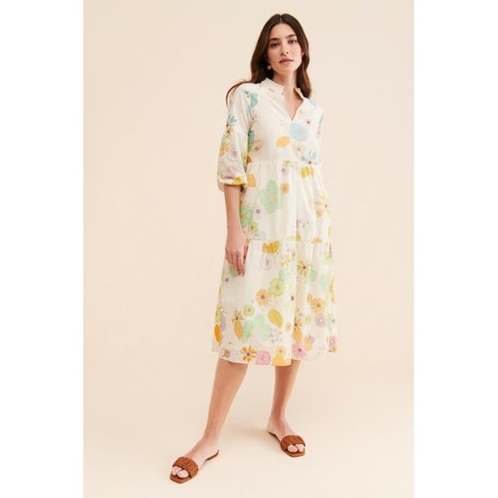 Vilagallo White Midi Dress with Pastel Floral Print